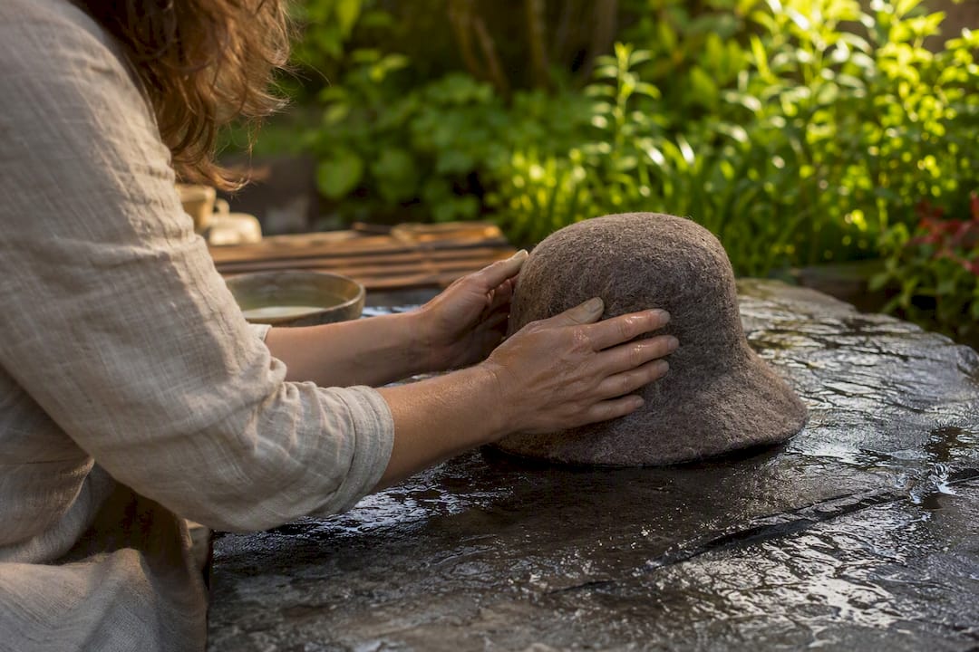Hands reshaping wet wool hat on towel