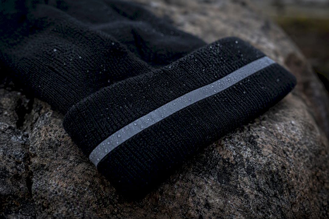 Reflective trim on running beanie cuff close-up