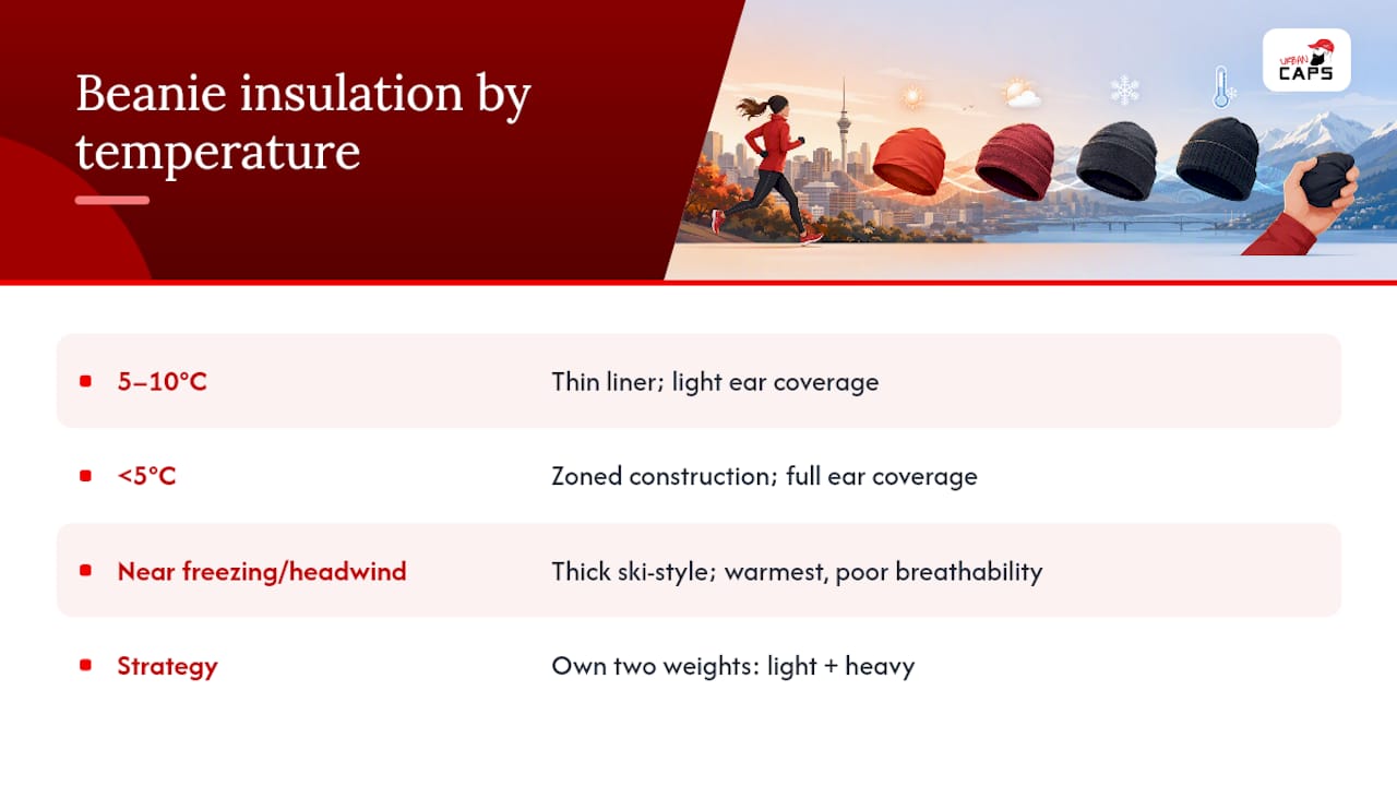 Infographic of beanie insulation matched to weather conditions