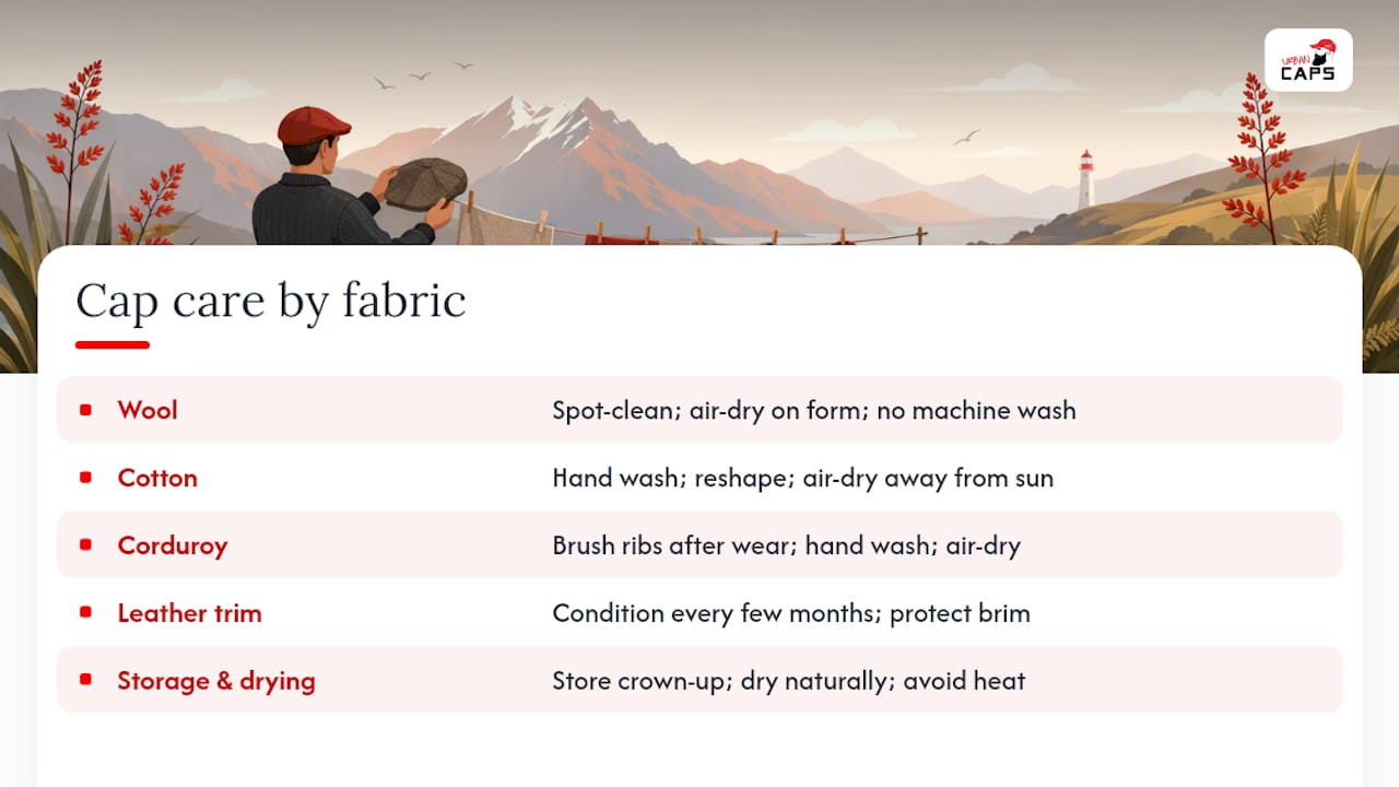 How to keep a flat cap or newsboy cap looking sharp — overview diagram