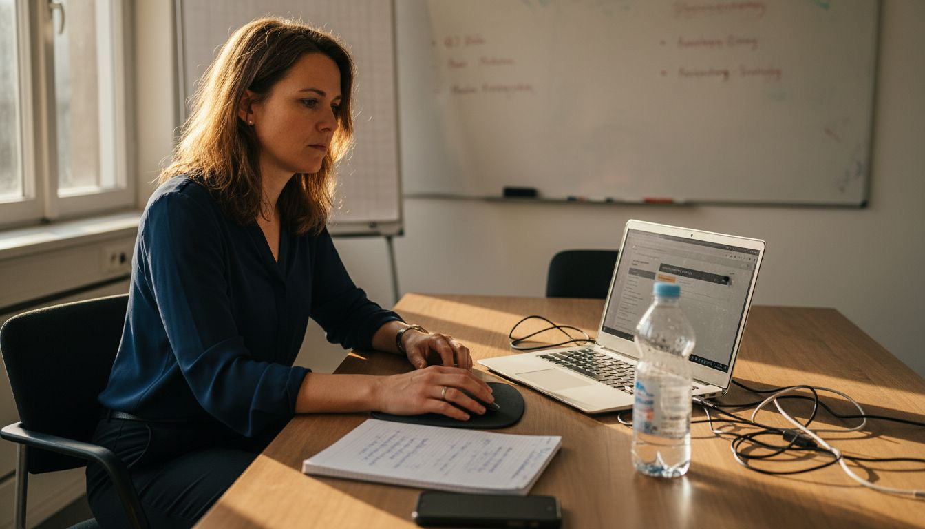 Eine Frau präsentiert im Konferenzraum die Vorteile des Brand Registry-Programms.