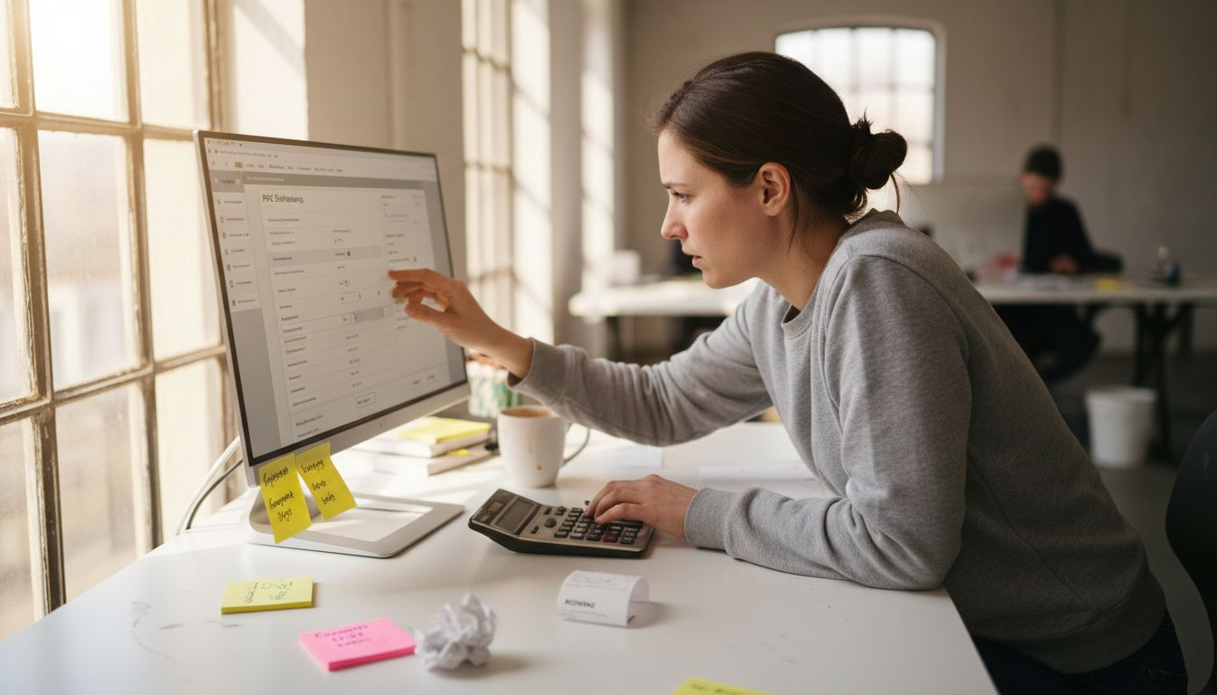 Eine Mitarbeiterin optimiert am Schreibtisch die aktuellen PPC-Kampagnen.