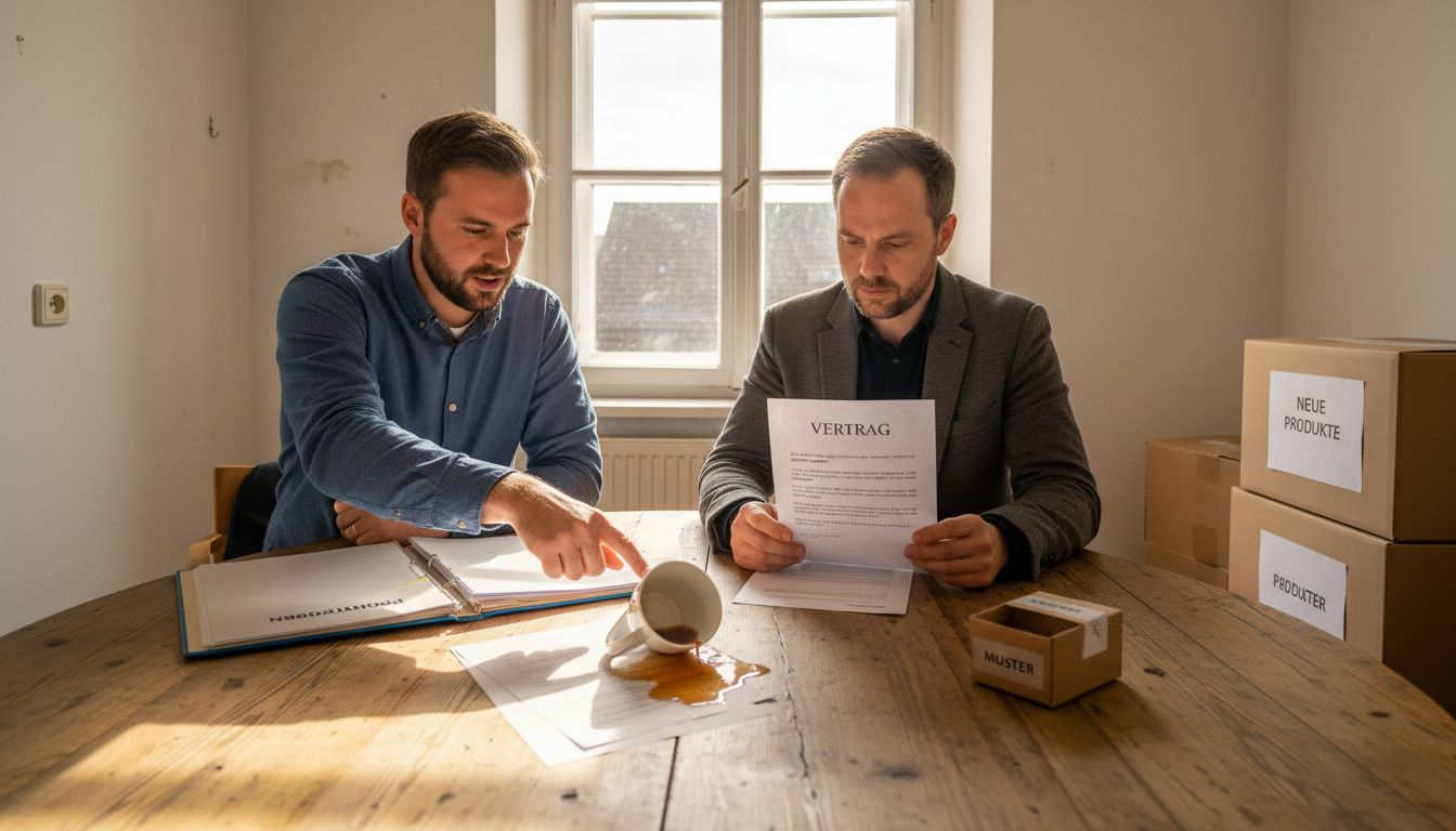 Geschäftspartner tauschen sich über Vertragsbedingungen als Amazon-Lieferant aus.