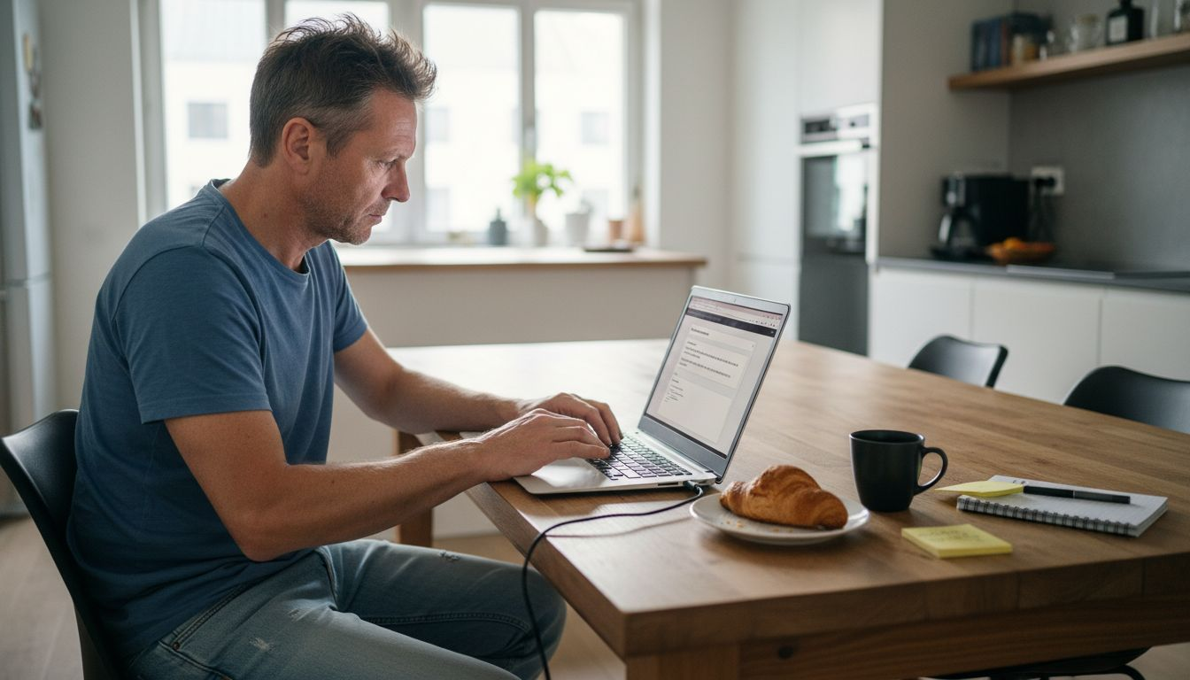 Ein Mann sitzt am Tisch und beantwortet Kundenanfragen für Amazon.
