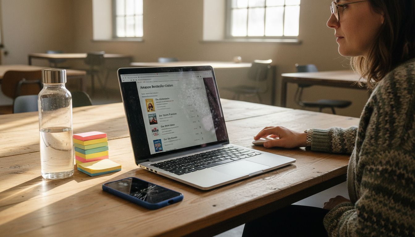 Eine Frau überprüft am Laptop die Bestseller-Listen von Amazon.