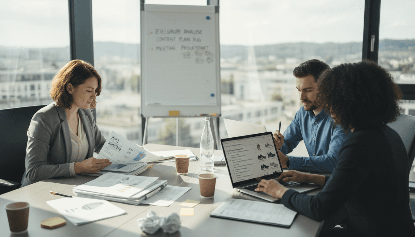 Ein Team bespricht im Meetingraum die Strategie für Amazon und arbeitet gemeinsam an neuen Lösungsansätzen.