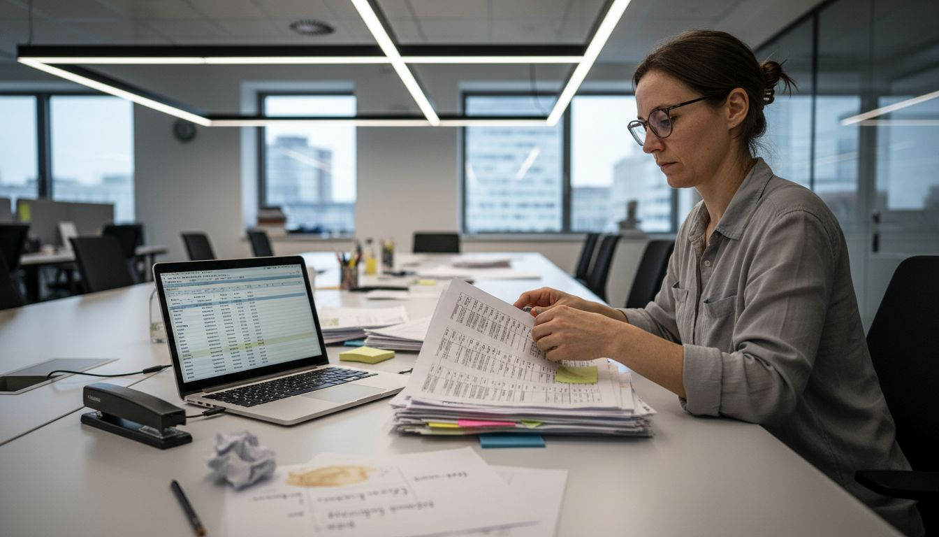 Eine Mitarbeiterin bereitet im Büro die Analysedaten für das Markenmanagement übersichtlich auf.