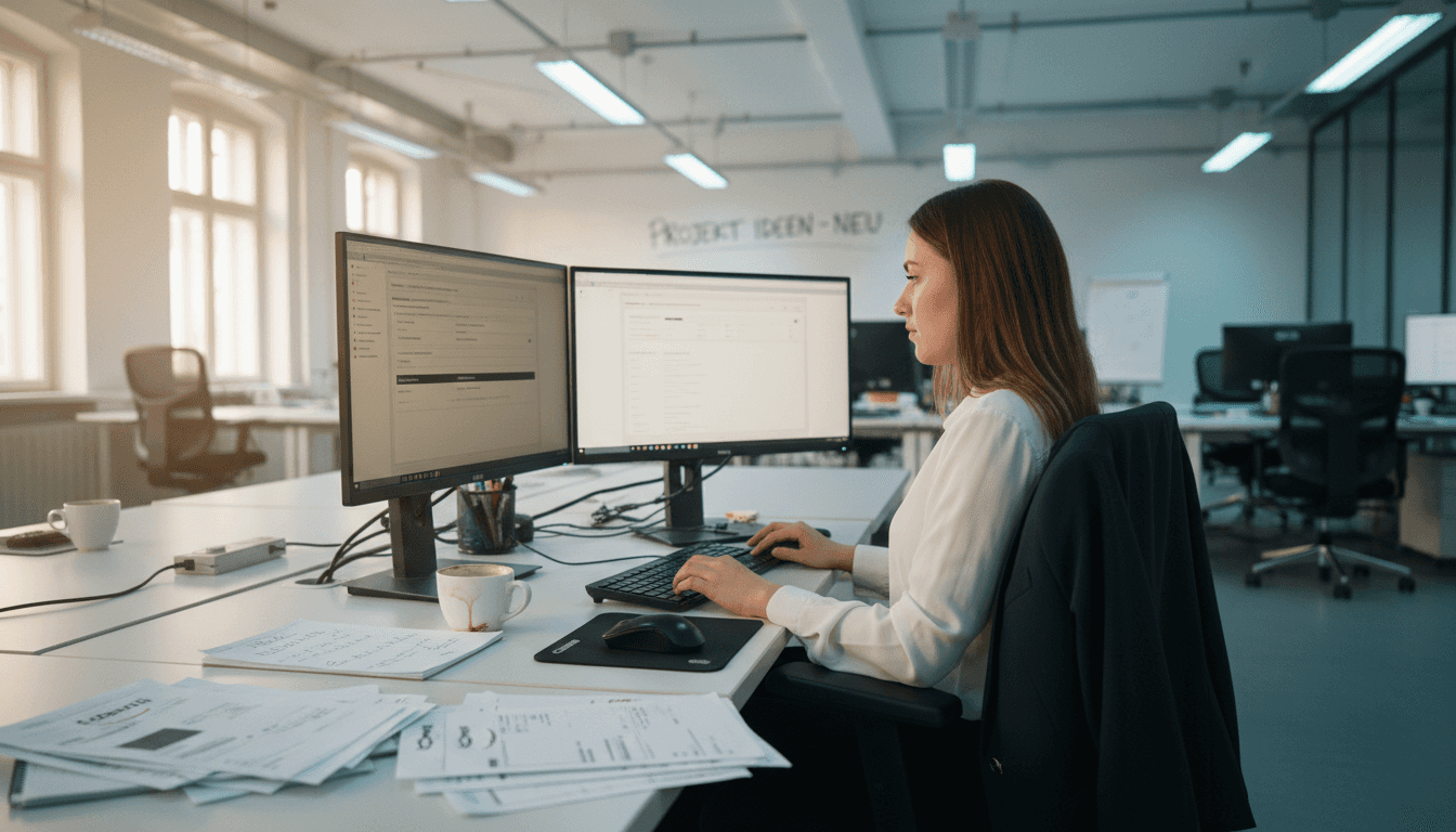Woman managing Amazon campaigns at busy desk