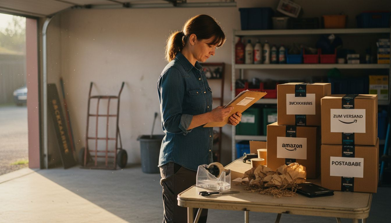 Mitarbeiter sortiert Pakete für Amazon und die Post.