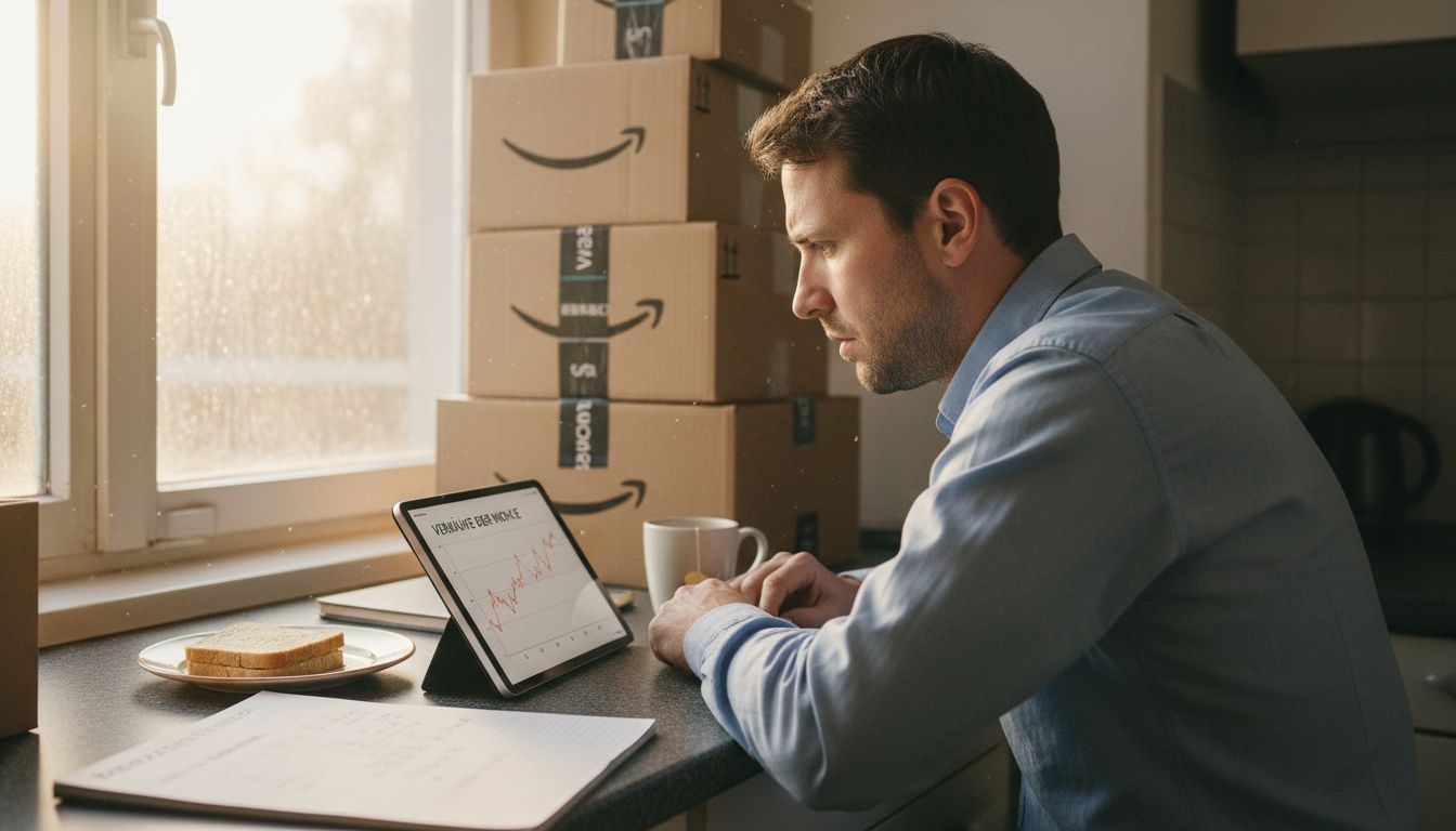 Ein Händler überprüft von zu Hause aus seine Werbeausgaben bei Amazon.