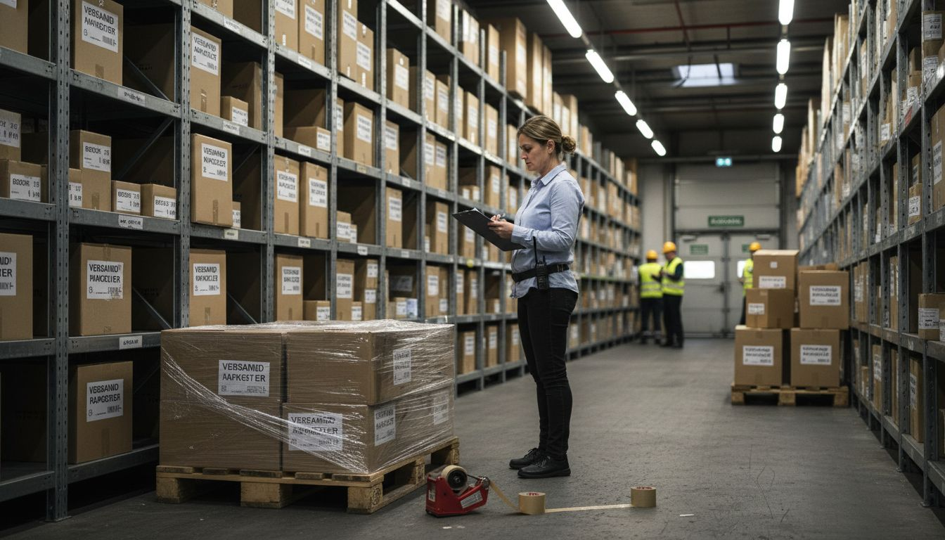 Eine Mitarbeiterin kontrolliert im Lager die Rücksendungen und überprüft den aktuellen Warenbestand.