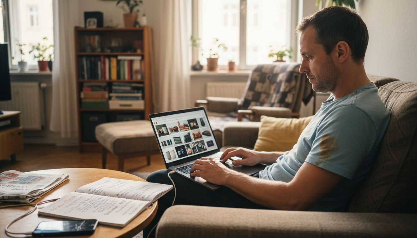 Ein Mann sitzt am Laptop und optimiert sein Amazon-Angebot, um mehr Kunden zu erreichen.
