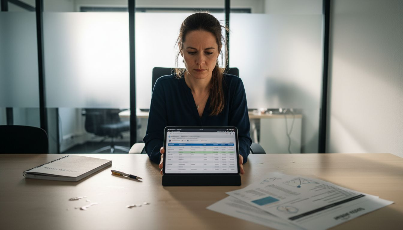 Eine Mitarbeiterin analysiert Bid-Management-Daten während einer Besprechung im Konferenzraum.