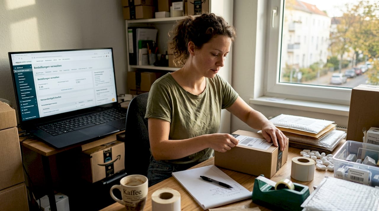 Ein Amazon-Verkäufer verpackt seine Produkte am heimischen Schreibtisch.