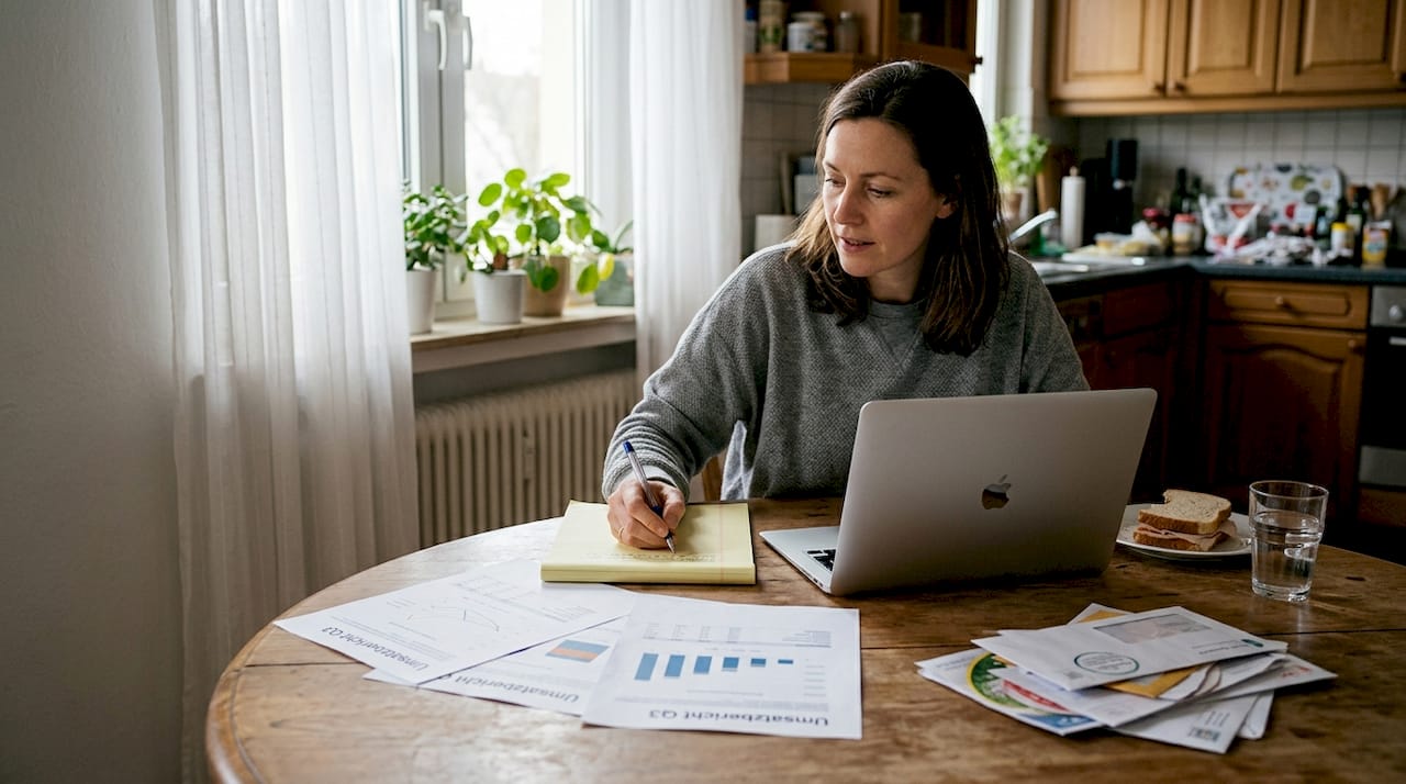 Eine Frau sitzt am Küchentisch und vergleicht Verkaufszahlen.