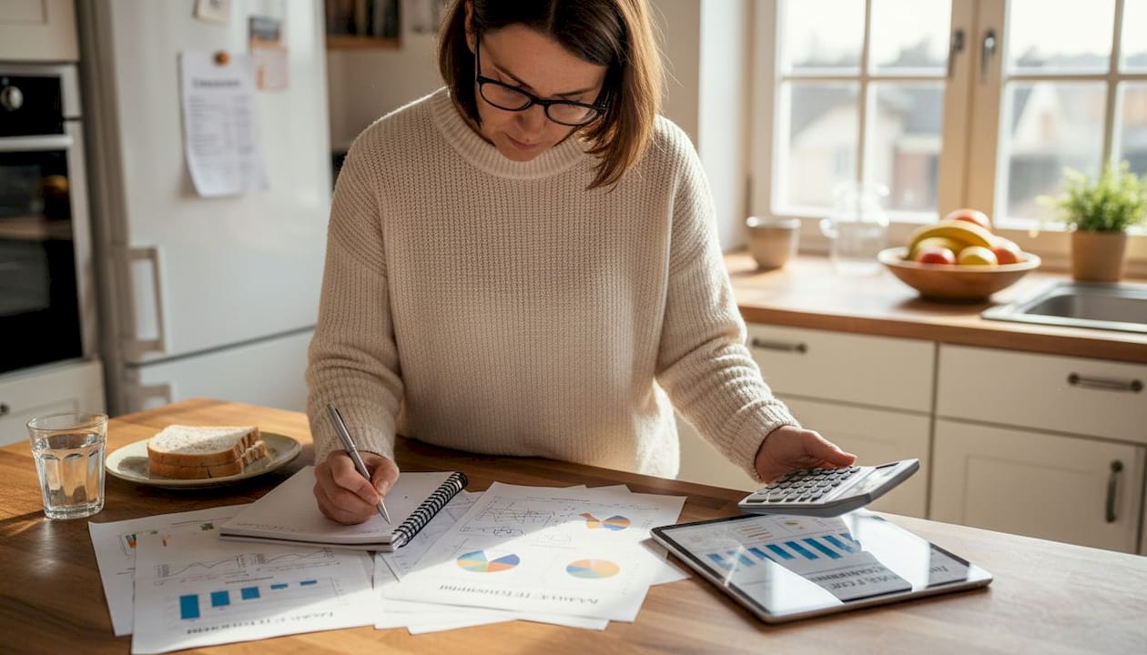 Eine Frau sitzt am Küchentisch und analysiert die Werbezahlen ihres Amazon-Shops.