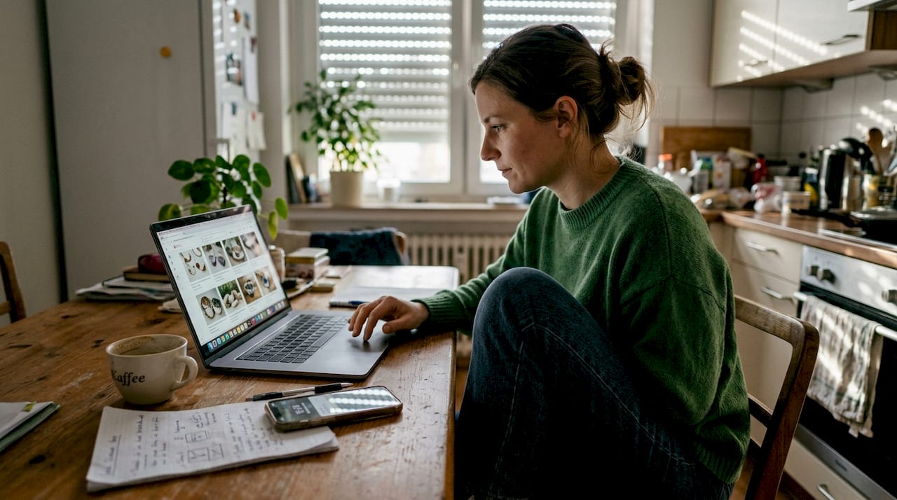 Ein Verkäufer sitzt am Küchentisch und überarbeitet sein Produktangebot.