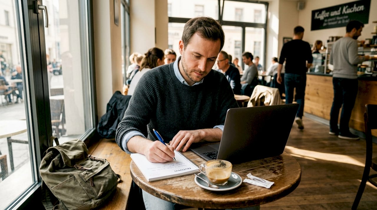 Ein Verkäufer sitzt im Café und wertet auf seinem Laptop die aktuellen Verkaufszahlen aus.