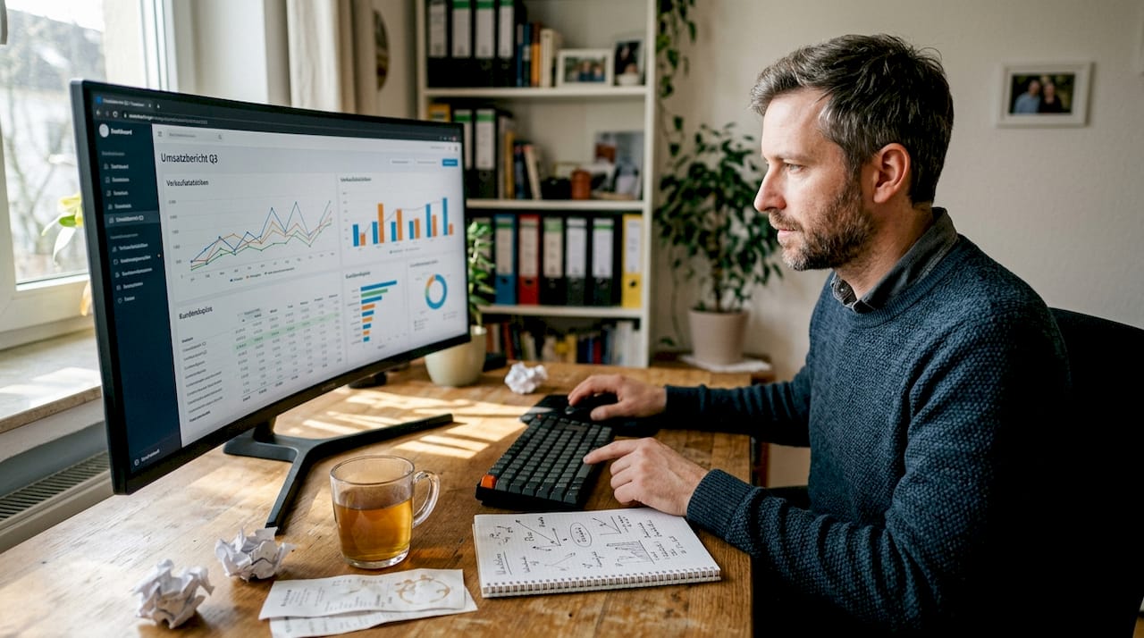 Ein Mann wertet Verkaufszahlen im Homeoffice aus.