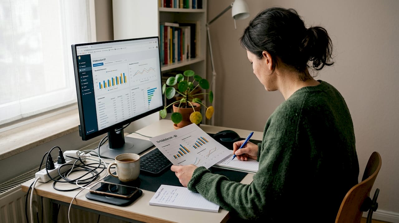 Eine Geschäftsfrau analysiert am Schreibtisch die aktuellen Verkaufszahlen und prüft die Entwicklung anhand von Diagrammen.