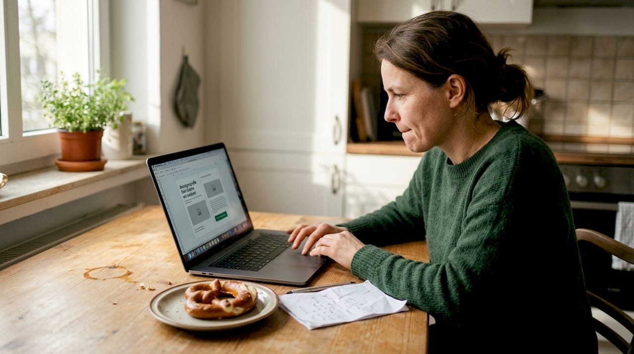 Eine Frau sitzt am Küchentisch und schaut sich verschiedene Produktangebote an.