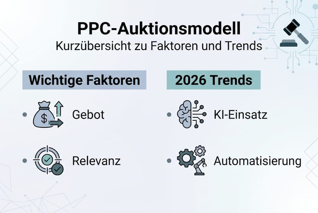 Übersichtsgrafik: So funktioniert das PPC-Auktionsprinzip – wichtige Einflussfaktoren und aktuelle Entwicklungen auf einen Blick