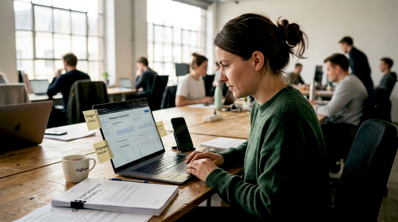 Eine Frau analysiert die Ergebnisse ihrer Amazon-Kampagne.