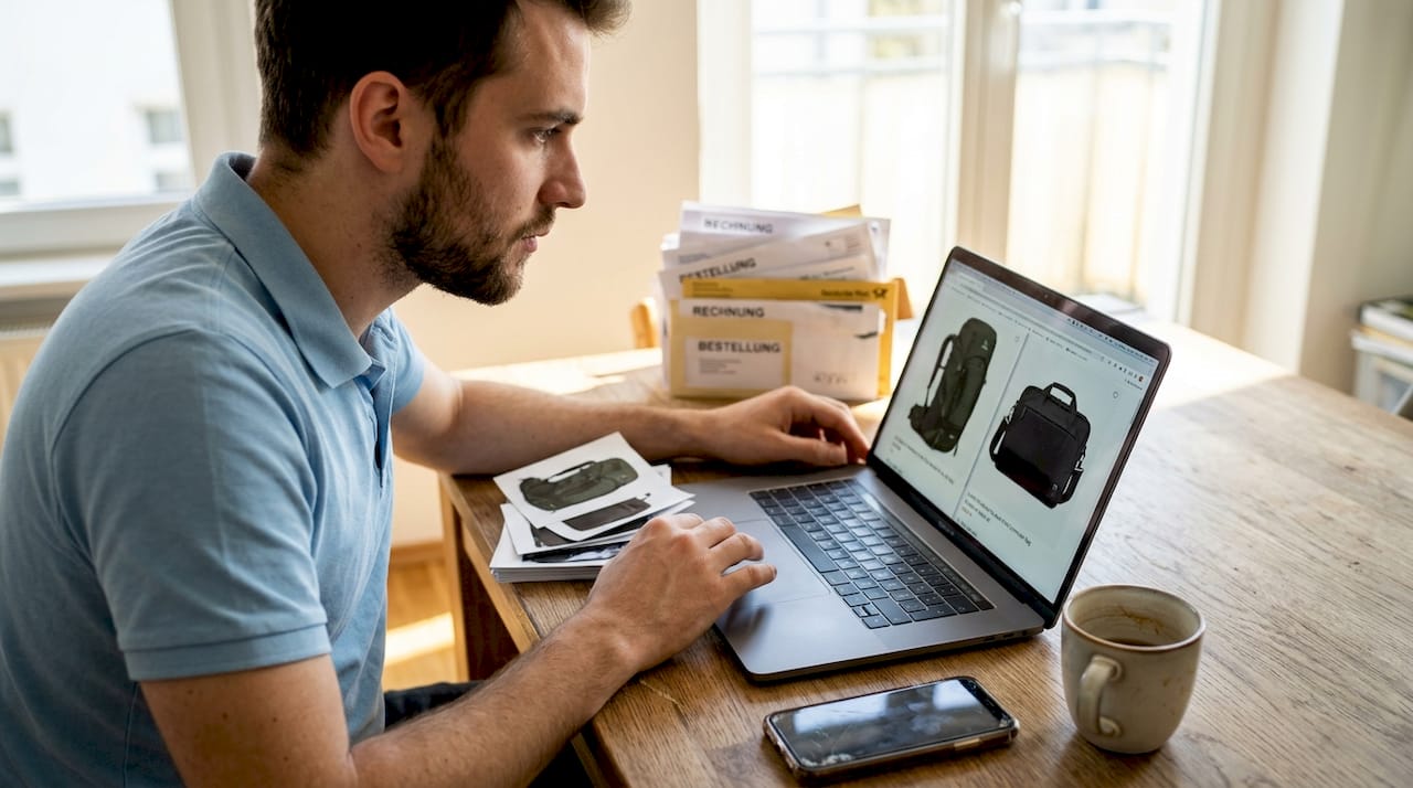 Junger Mann schaut sich verschiedene Produktfotos auf Amazon an und vergleicht sie miteinander.