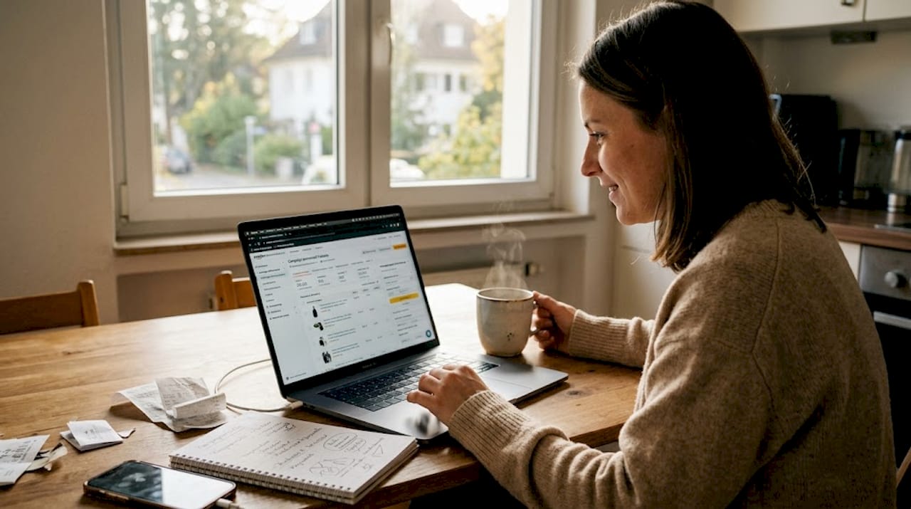 Eine Frau richtet am Küchentisch ihre erste Werbekampagne für Amazon ein.
