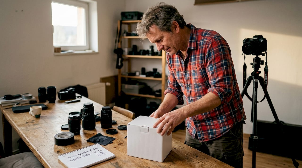 Ein Mann richtet am Arbeitstisch Produkte für ein Fotoshooting her.