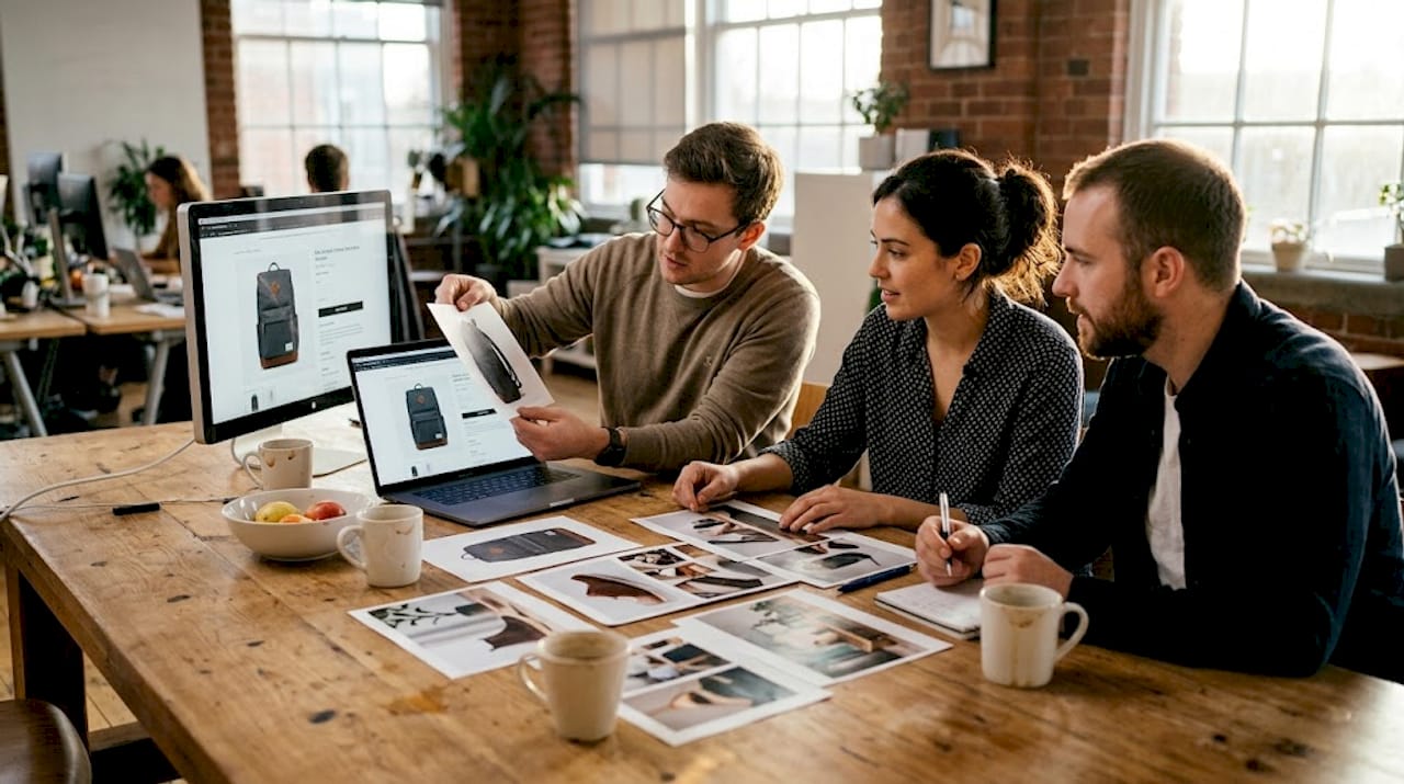 Ein Team begutachtet gemeinsam ausgedruckte Produktfotos und diskutiert die Ergebnisse.