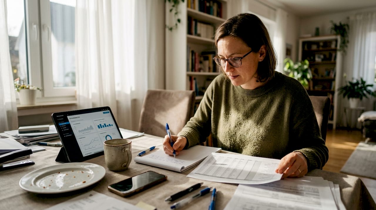 Eine Frau sitzt am Esstisch und prüft konzentriert ihre Tabellen am Laptop.