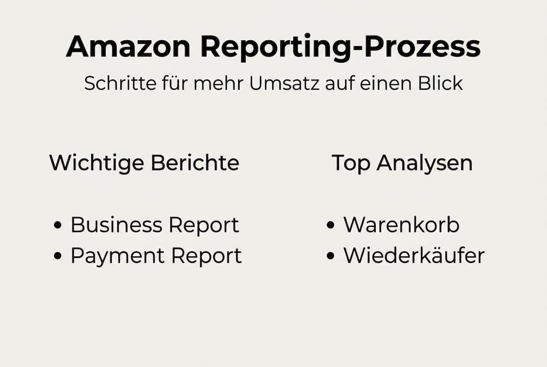 Die Infografik veranschaulicht den Ablauf des Amazon-Reportings und stellt die wichtigsten Analysebereiche übersichtlich dar.