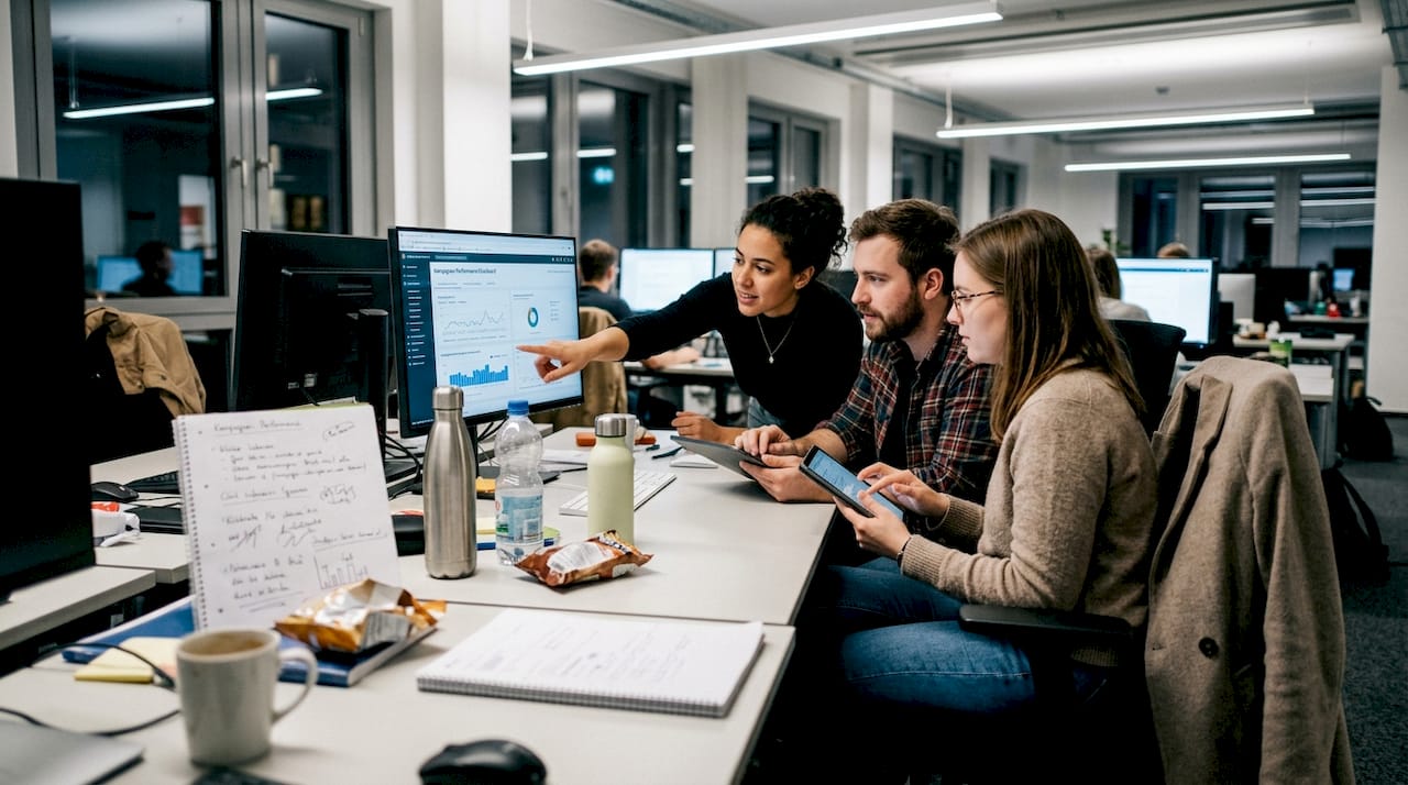 Das Marketing-Team wertet die Ergebnisse der aktuellen Kampagne aus.