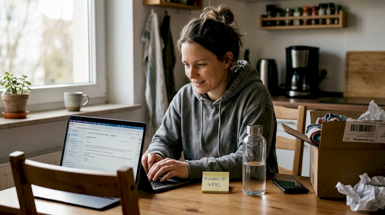 Eine Händlerin kümmert sich um Rücksendungen und beantwortet Kundenanfragen.