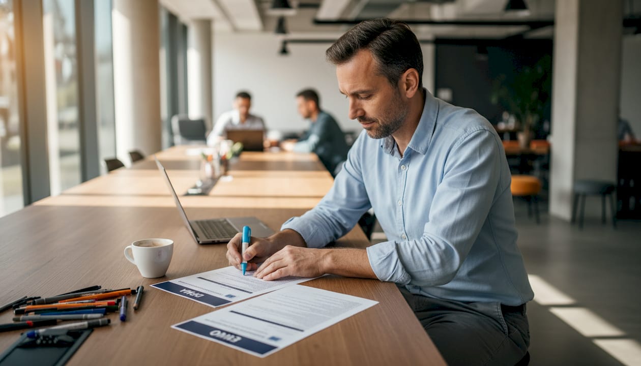 Eine Unternehmerin sitzt im Coworking-Space und vergleicht verschiedene Vertragsunterlagen mit anderen Gründerinnen am Tisch.