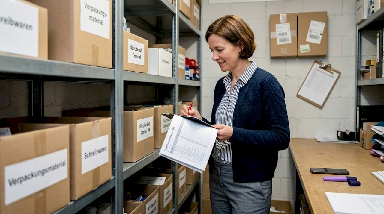 Eine Frau prüft mit einer Liste den Warenbestand.
