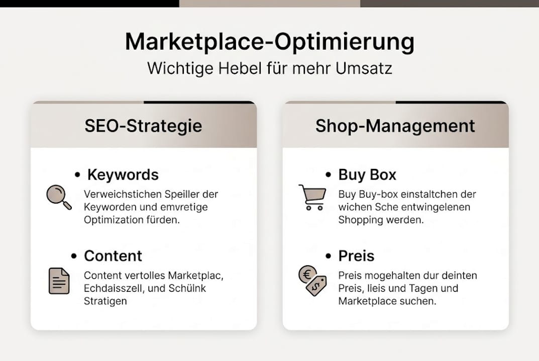 Übersicht der wichtigsten Faktoren für eine erfolgreiche Optimierung Ihres Marktplatzes – anschaulich dargestellt in einer Infografik.
