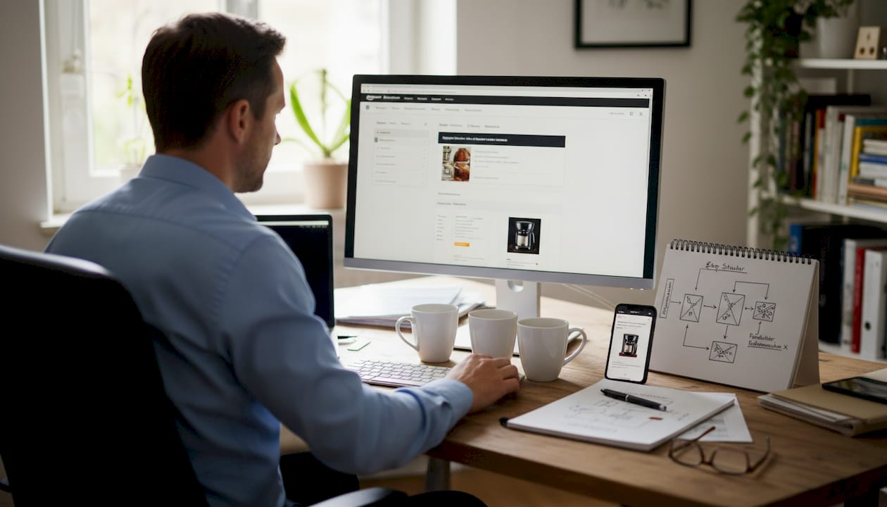 Ein Mann gestaltet an seinem Schreibtisch einen Brandstore für Amazon.