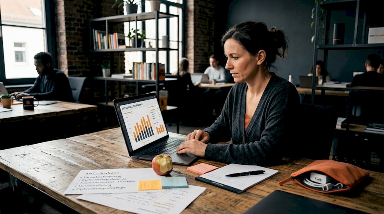 Eine Frau analysiert Verkaufszahlen in einem modernen Coworking-Space.