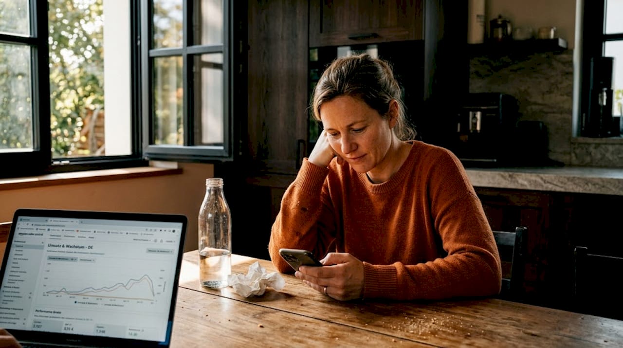 Eine Frau schaut sich ein Amazon-Produkt auf ihrem Smartphone an und gibt eine Bewertung ab.