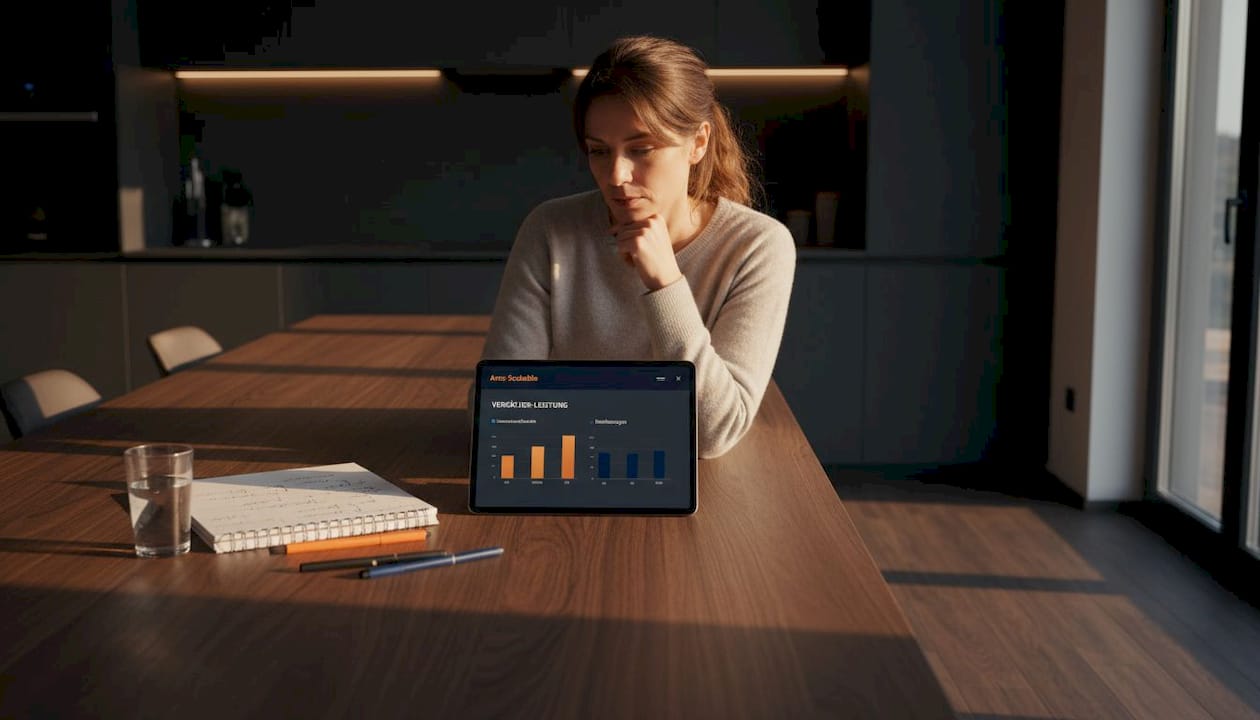 Eine Frau sitzt am Küchentisch und wirft einen Blick auf ihr Verkäufer-Dashboard.
