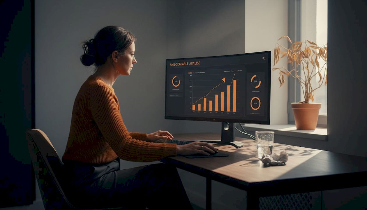 Eine junge Frau analysiert Amazon-Daten in einem modernen Co-Working-Space.