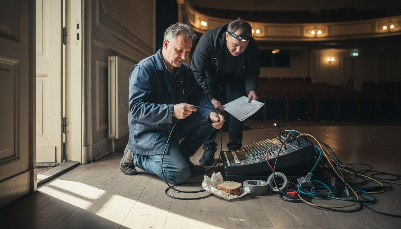 En tekniker gennemgår udstyret inden forestillingen går i gang i teatret.