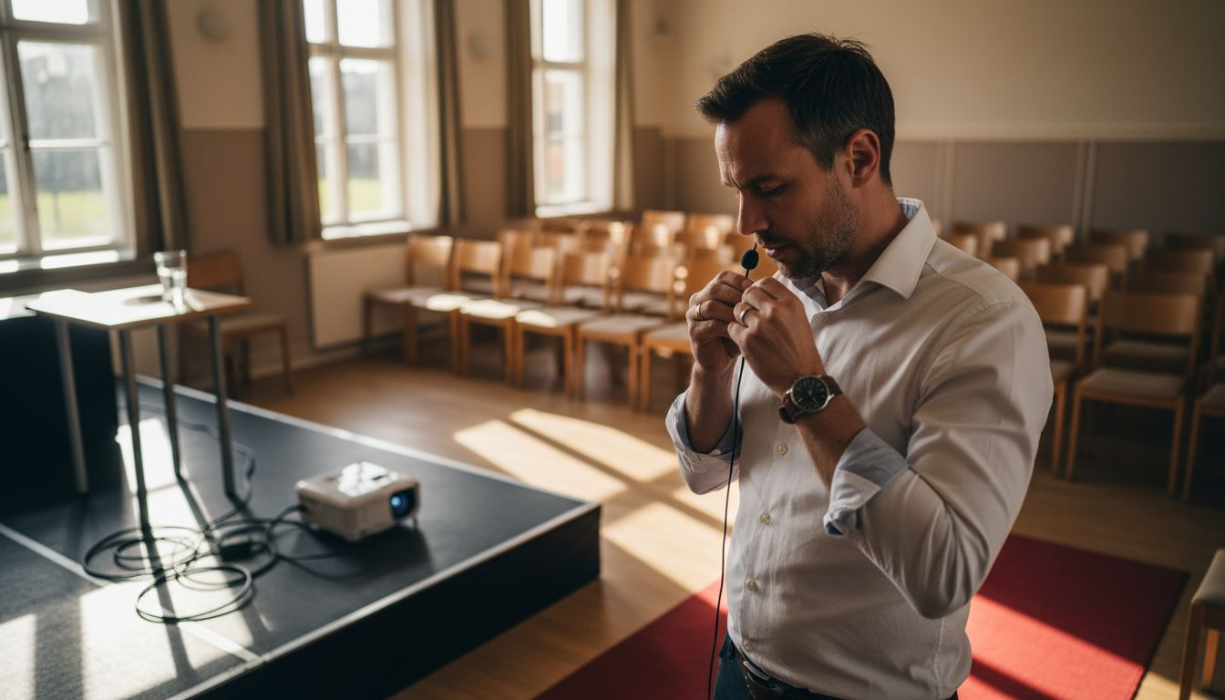 En tekniker gør scenen klar til aftenens underholdningsshow