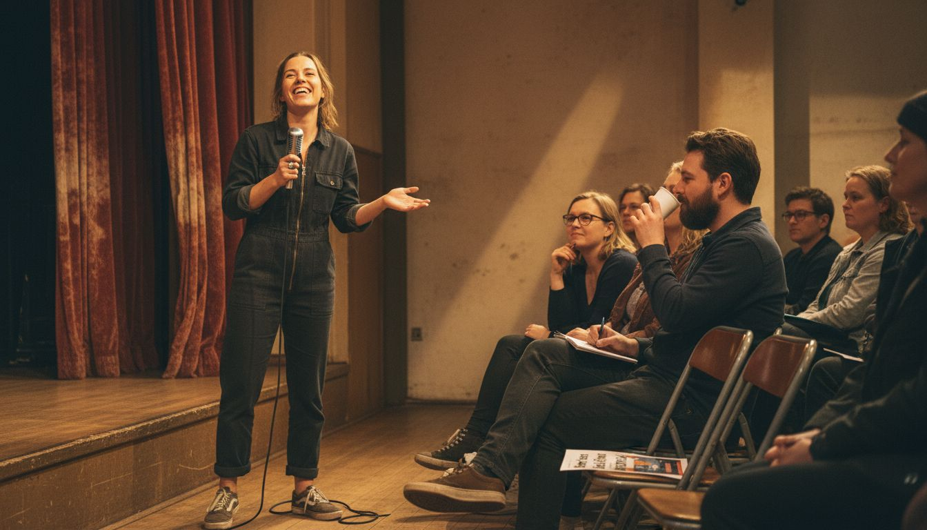 Komikeren får salen til at grine og skaber en fantastisk stemning blandt publikum under sit show.