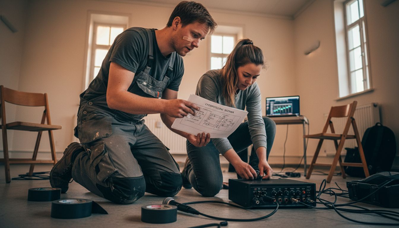 Lydfolkene gør udstyret klar inden forestillingen går i gang.