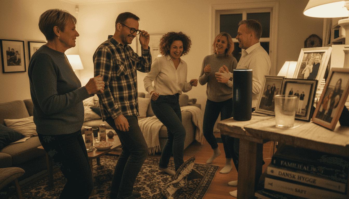 Glade mennesker danser og hyggesnakker sammen i en varm og indbydende stue.
