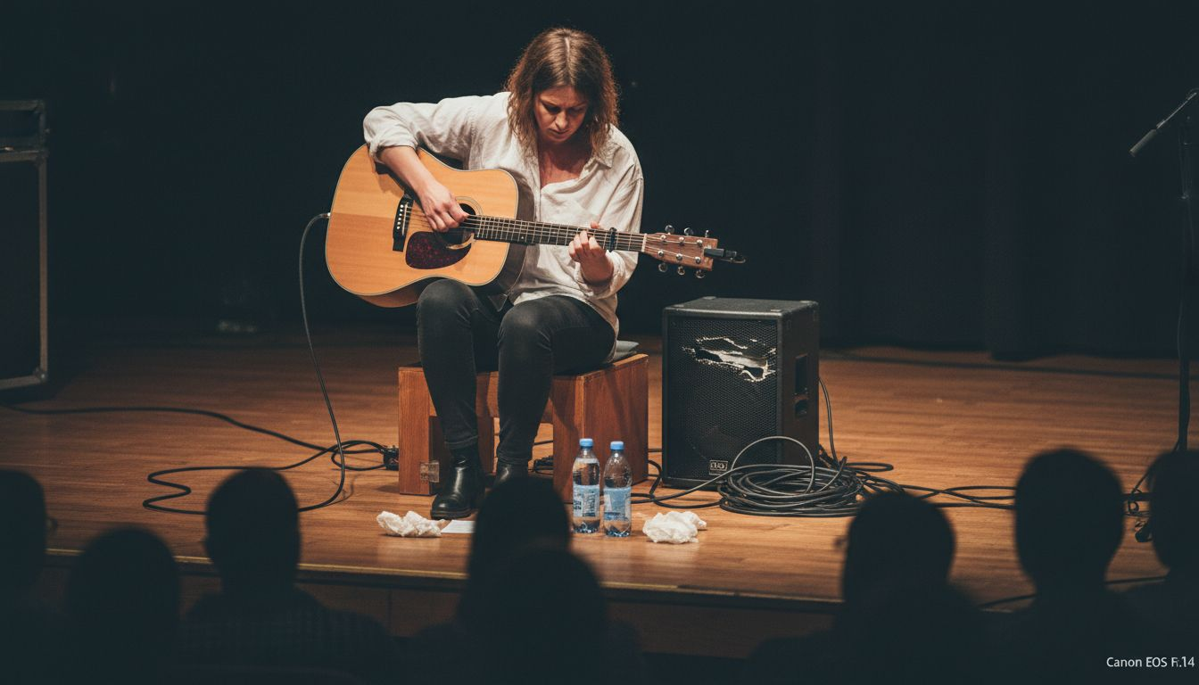 En musiker gør klar til koncert og stiller det tekniske udstyr op på scenen.