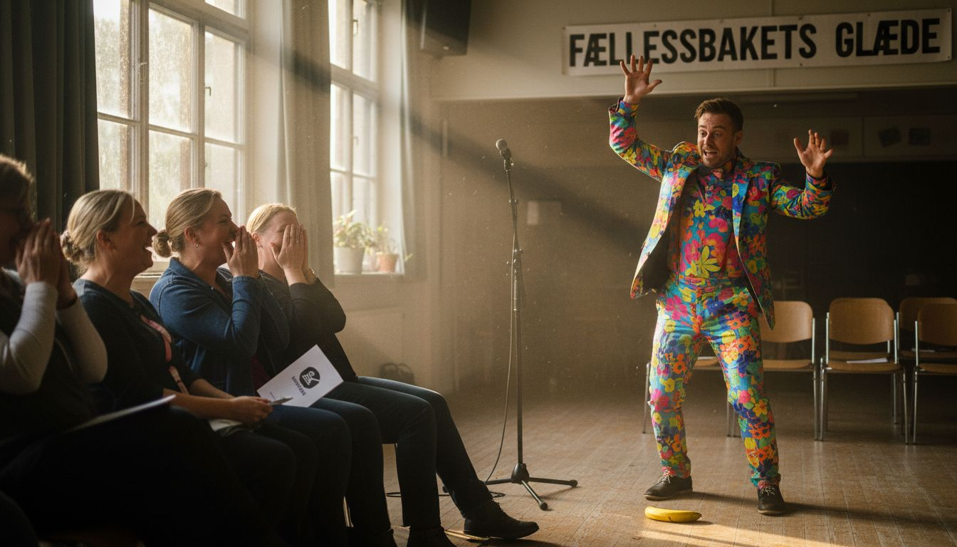 En komiker med fysisk humor får publikum til at grine højlydt på scenen.